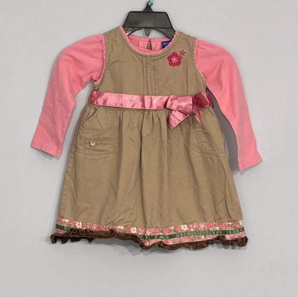 Oshkosh Genuine Kids VTG Embroidered Lace Trim Tan Pink Jumper Dress Shirt 3T